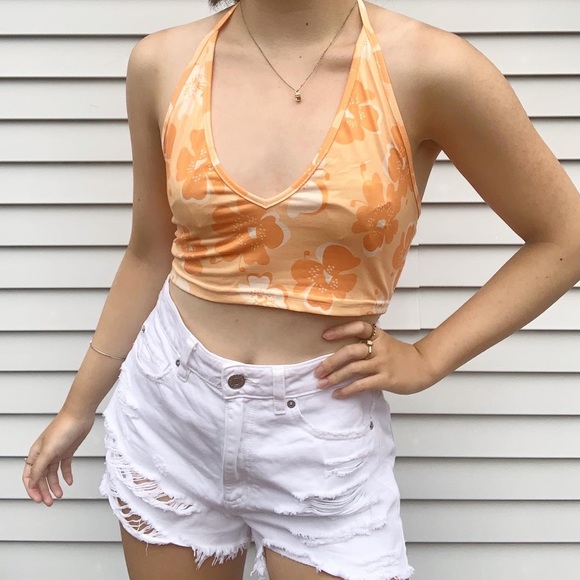 Hawaiian floral print orange tie back top - Picture 5 of 5